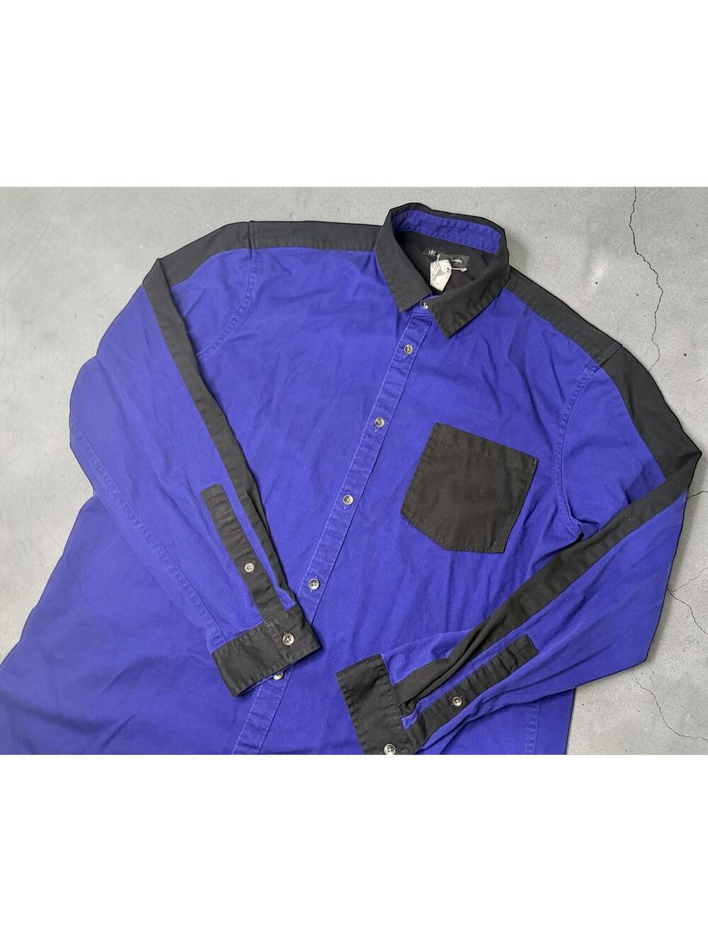 Men's Long Sleeve Button-Up Shirt Blue and Black Color Block